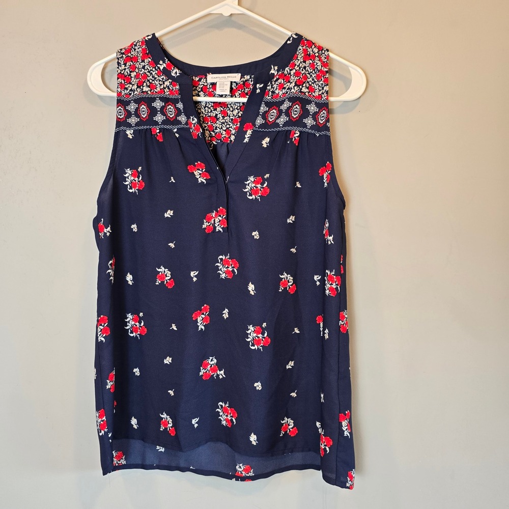 Carolina Belle Blouse Sleeveless Top Womens Extra Small Blue Red Floral